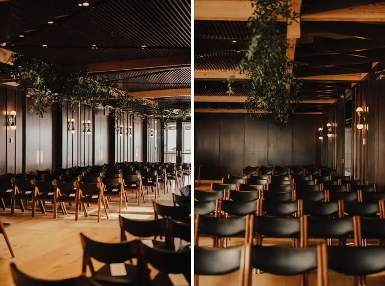 Two views of an empty ceremony space with dark wooden chairs, greenery overhead and wall sconces