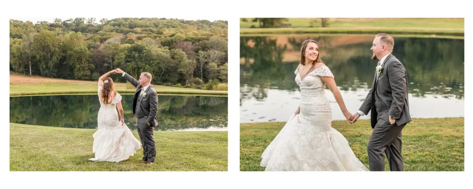 Two-photo collage of a bride and groom dancing and walking hand in hand by a pond
