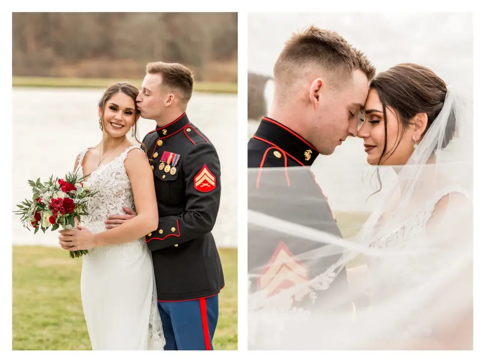 Two-photo collage of a bride and a groom in Marine dress uniform kissing and touching foreheads