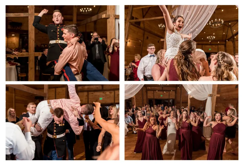 Four-photo collage of wedding guests dancing and lifting the couple, including a groom in Marine uniform