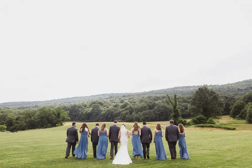 Bride and groom with the wedding party seen from behind, walking across a grassy field toward wooded hills