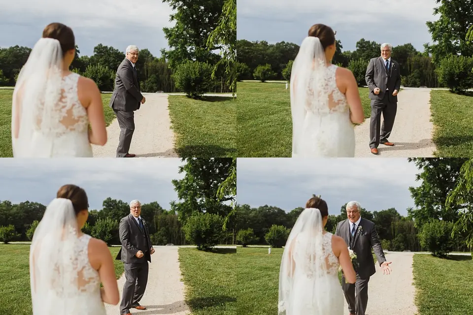 Four-photo sequence of a father and bride in a wedding dress meeting for a first look on a gravel path