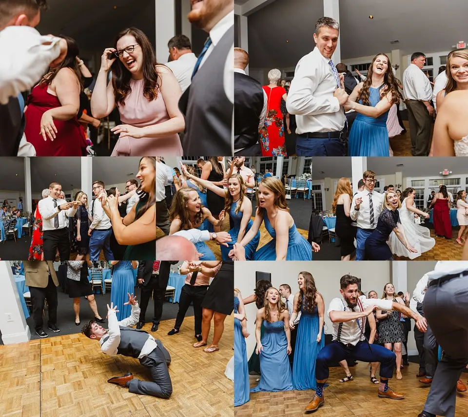 Collage of guests laughing and dancing on a dance floor, including a man in suspenders crouched low
