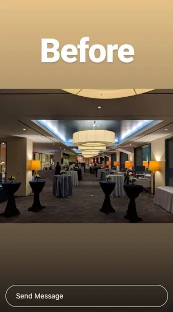 Instagram story captioned 'Before' showing a hotel event room with cocktail tables and no colored lighting