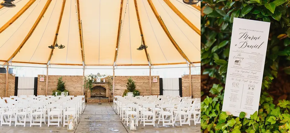 Two views of a tent ceremony space with white chairs and a fireplace, plus a printed ceremony program for Marni and Daniel