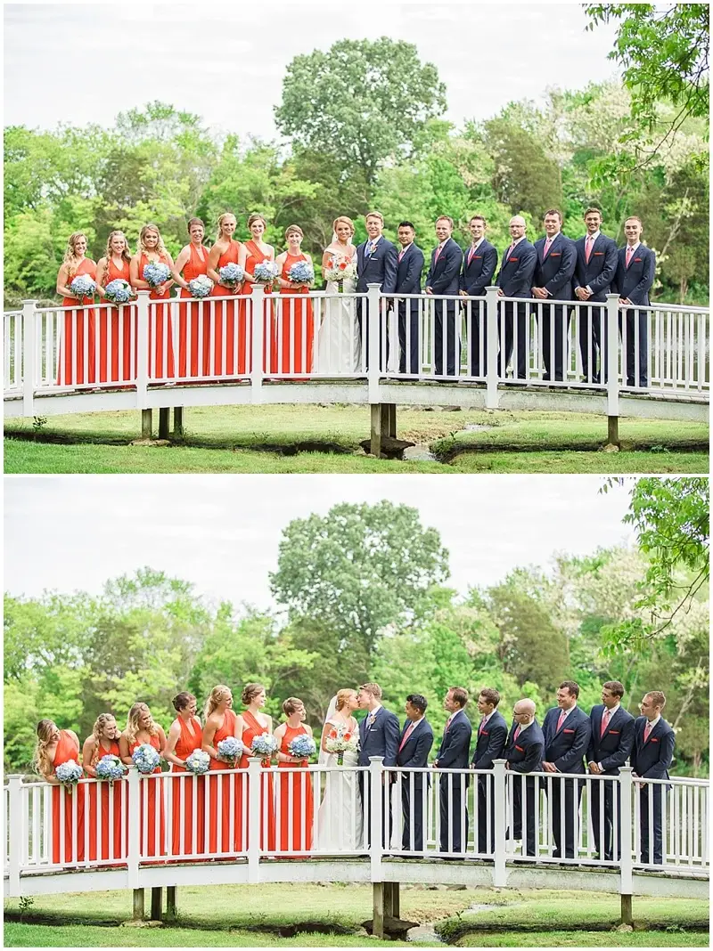 Two photos of a wedding party on a white footbridge, bridesmaids in coral dresses and groomsmen in navy suits