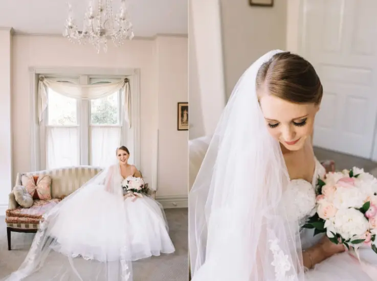 Bride in a veil seated on a cream sofa in a bright room, beside a close-up portrait with her bouquet