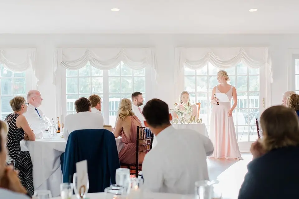 Bridesmaid in a pink dress giving a toast in a bright reception room as guests watch
