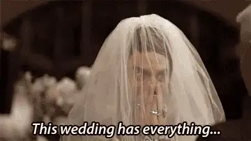Animated GIF of a veiled bride covering her mouth with the caption This wedding has everything