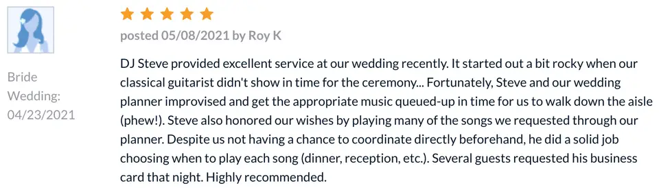 Five-star review screenshot from Roy K praising DJ Steve for stepping up when the ceremony music was delayed