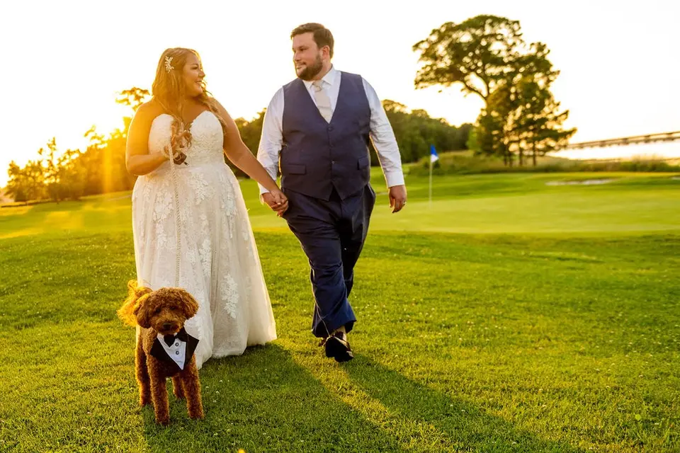 Bride and groom holding hands walking on a golf course at sunset with their dog in a tuxedo collar