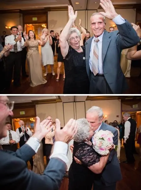 Two photos of an older couple dancing with guests clapping, then embracing and kissing