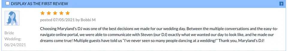 Five-star review from Bobbi M. praising the DJ and saying guests had never seen so many people dancing at a wedding