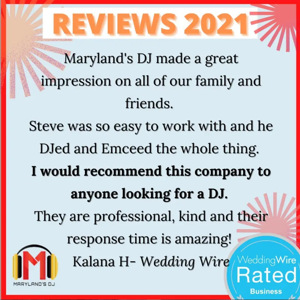 Graphic of a 2021 wedding review praising Maryland's DJ, with a Wedding Wire Rated Business badge