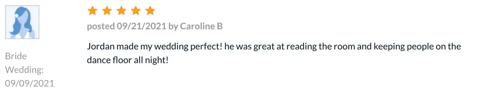 Five-star review screenshot from Caroline B. saying the DJ read the room and kept guests dancing all night