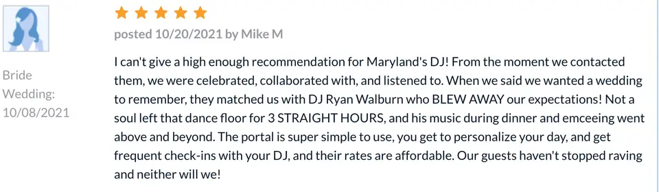 Screenshot of a five-star review of Maryland's DJ posted 10/20/2021, praising DJ Ryan Walburn and a full dance floor