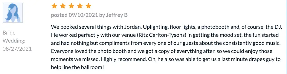 Screenshot of a five star review from Jeffrey B. about the DJ, uplighting, photobooth and floor lights