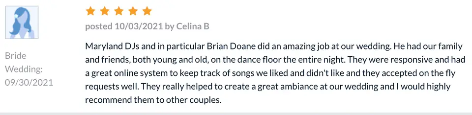 Five-star review screenshot from Celina B. praising DJ Brian Doane for keeping guests dancing and taking requests