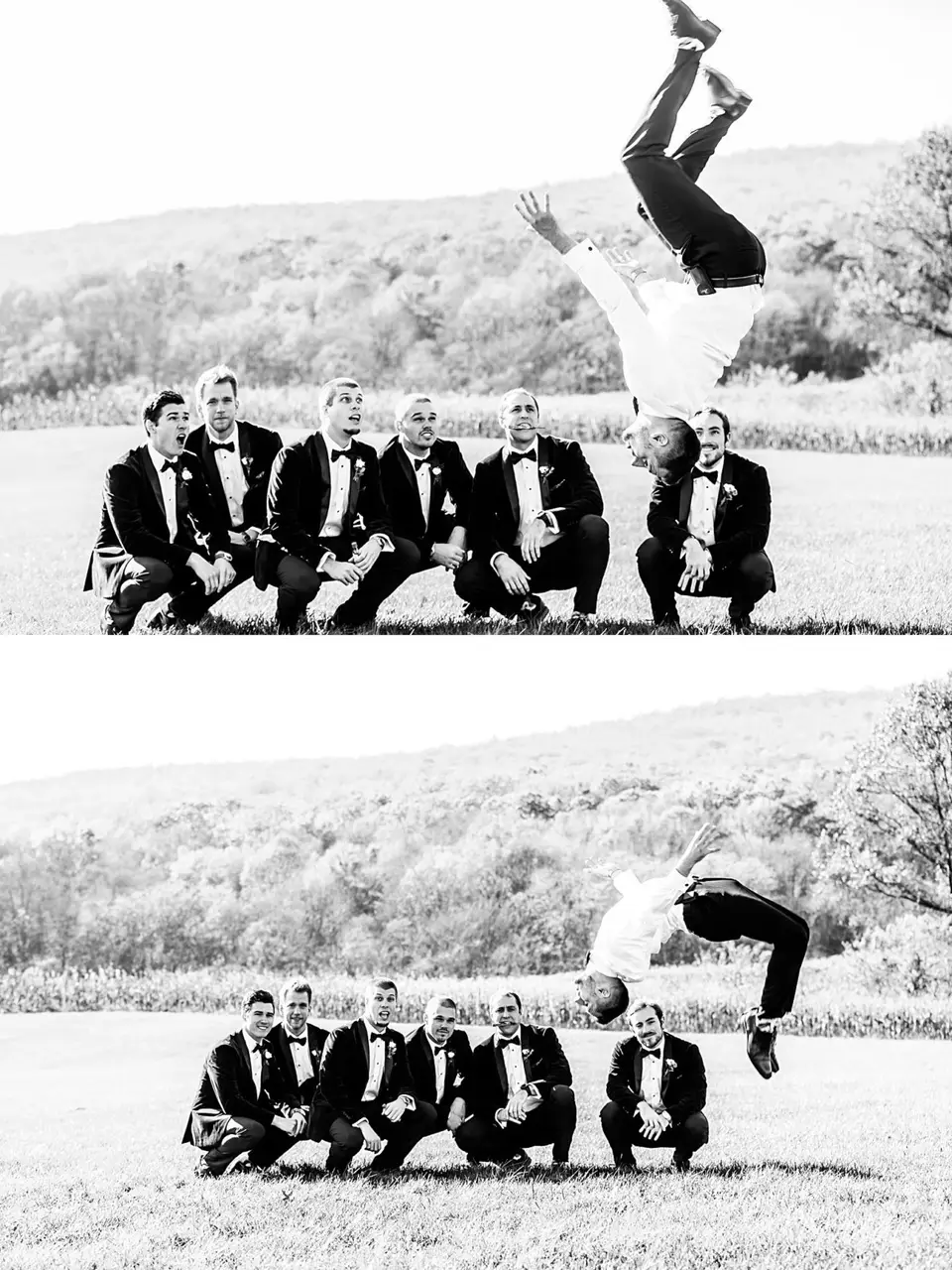 Black and white photo of a groomsman mid-flip above his crouching groomsmen, shown in two frames