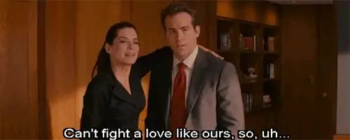 Movie screenshot of a man and woman in office clothes with the caption 'Can't fight a love like ours, so, uh...'