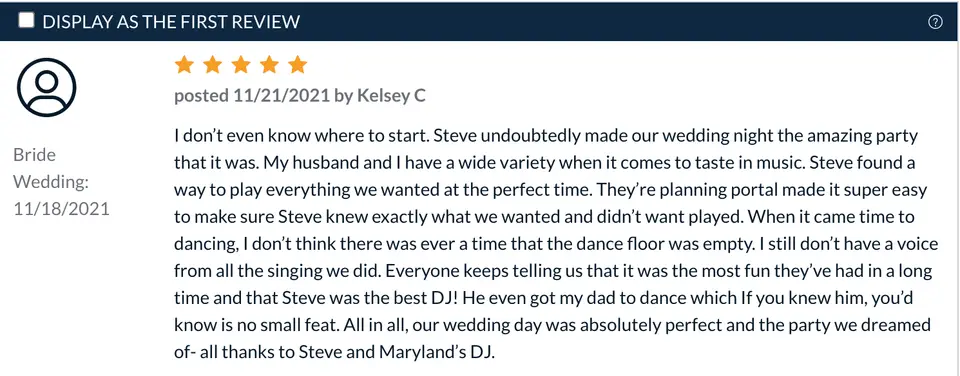 Five-star review screenshot from Kelsey C saying Steve made the wedding night an party