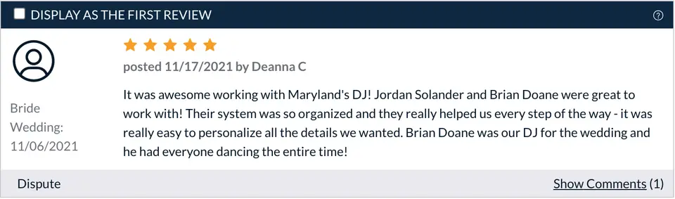 Screenshot of a five-star review from a bride thanking Maryland's DJ and DJ Brian Doane for a packed dance floor