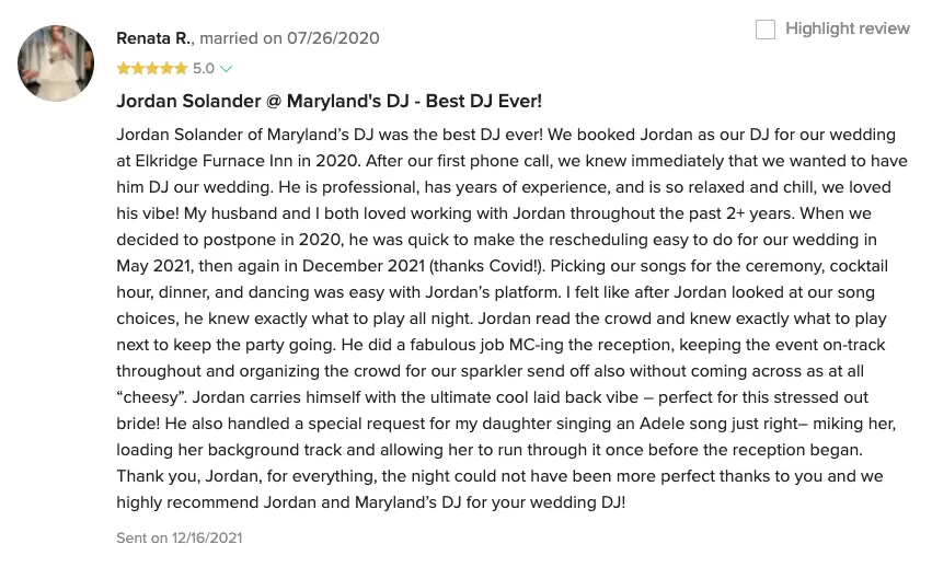 Screenshot of a five-star review from a bride praising Jordan Solender of Maryland's DJ for her Elkridge Furnace Inn wedding