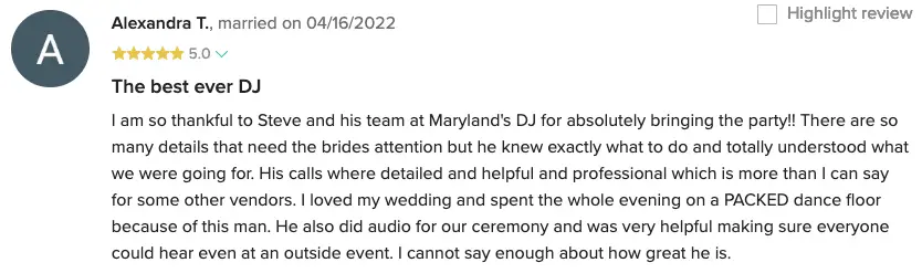 Screenshot of a 5-star review from Alexandra T. titled The best ever DJ, praising Maryland's DJ for a packed dance floor