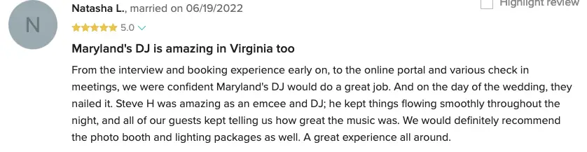 Five-star review screenshot from Natasha L. saying Maryland's DJ was in Virginia, with a great emcee and DJ