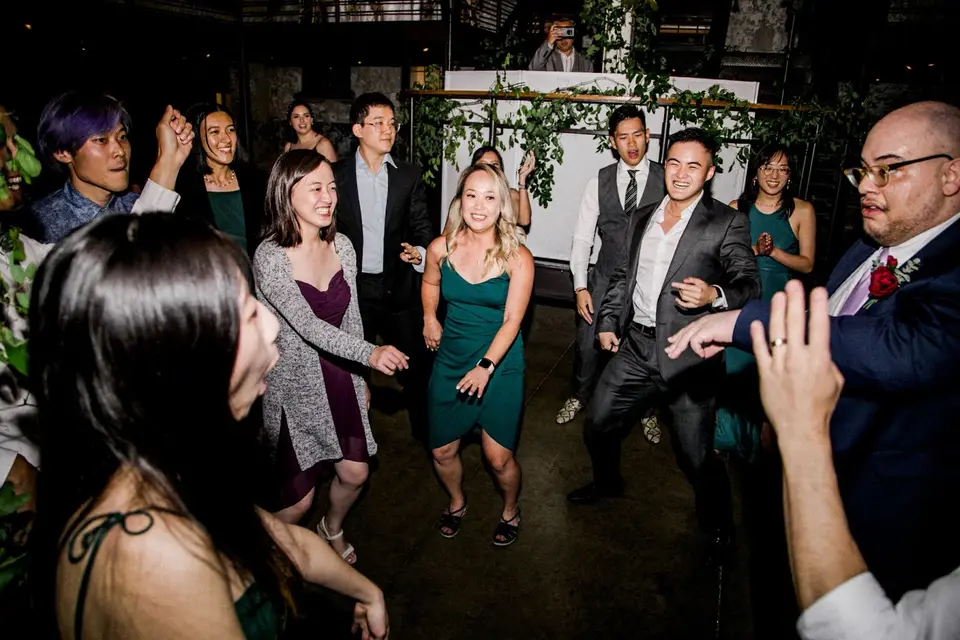 Wedding guests dance and cheer on the dance floor, including a man holding a phone and a woman in a green dress