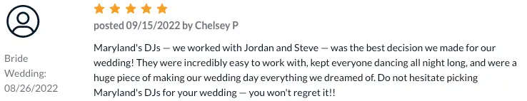 Five-star review screenshot from Chelsey P. recommending Maryland's DJs for keeping everyone dancing all night