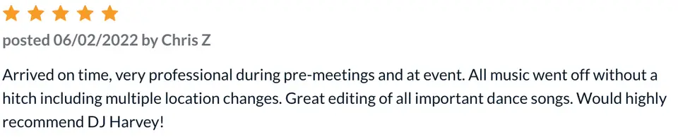Five-star review screenshot from Chris Z. praising DJ Harvey as on time, professional and great at dance edits