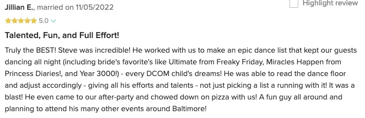 Written five-star review describing the DJ's custom dance list and how he read the dance floor
