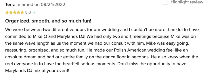Five-star review from Terra praising Mike and Maryland's DJ for a fun Polish American wedding