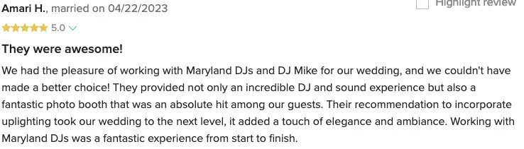 Five-star review from Amari H. praising the DJ and sound, photo booth, and uplighting at their wedding