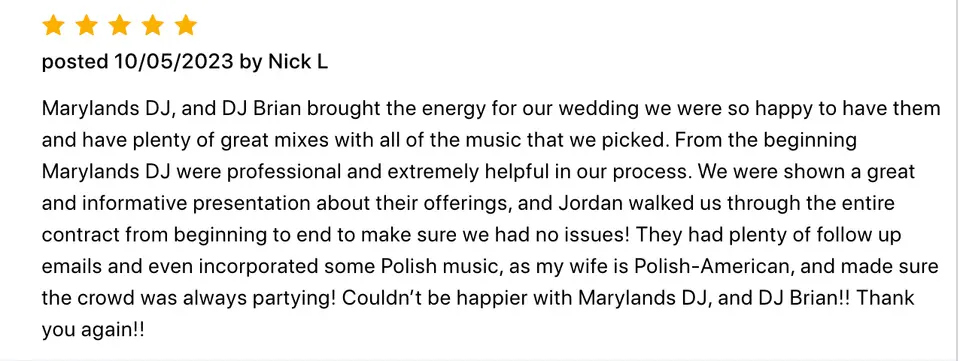 Five-star review screenshot from Nick L thanking Maryland's DJ and DJ Brian, noting the Polish music included