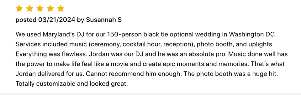 Five-star review from Susannah S. praising Jordan as DJ for a 150-person black tie wedding in DC