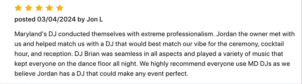 Five-star review screenshot from Jon L praising Maryland's DJ owner Jordan and DJ Brian