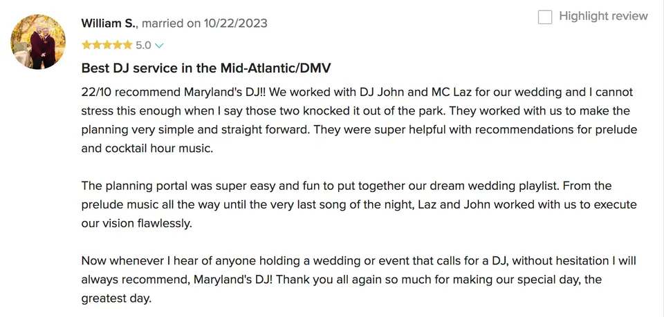 Five-star client review of Maryland's DJ praising DJ John and MC Laz for a wedding on 10/22/2023