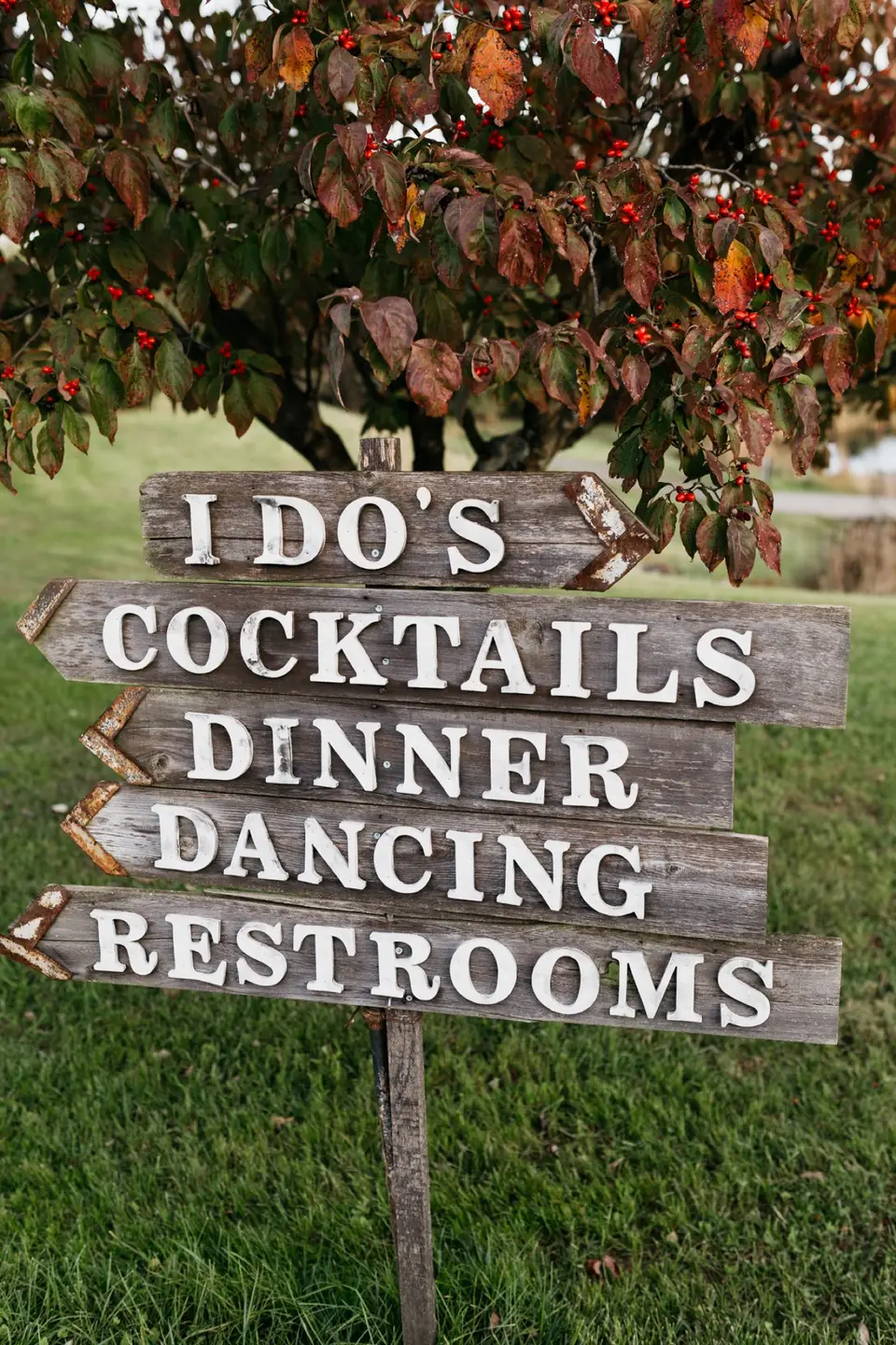 Wooden sign with arrows reading I Do's, Cocktails, Dinner, Dancing and Restrooms on a lawn