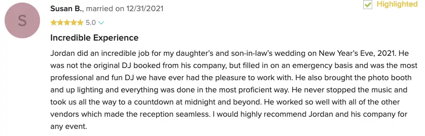 Screenshot of a 5-star review from Susan B. titled Incredible Experience, about Jordan filling in as DJ on New Year's Eve