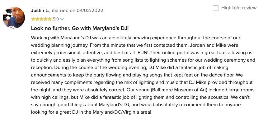 Screenshot of a five-star review from Justin L. praising Maryland's DJ for lighting, announcements and the dance floor