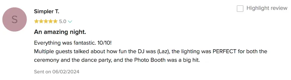 Five-star review from Simpler T. praising Laz as DJ, the lighting and the photo booth, dated 06/02/2024
