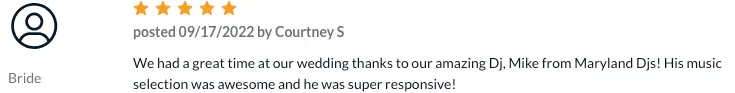 Five-star review screenshot from Courtney S praising DJ Mike from Maryland DJs for music selection and responsiveness
