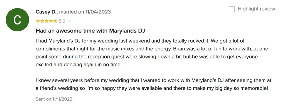 Screenshot of a five star review from Casey D. praising Maryland's DJ for music mixes and energy