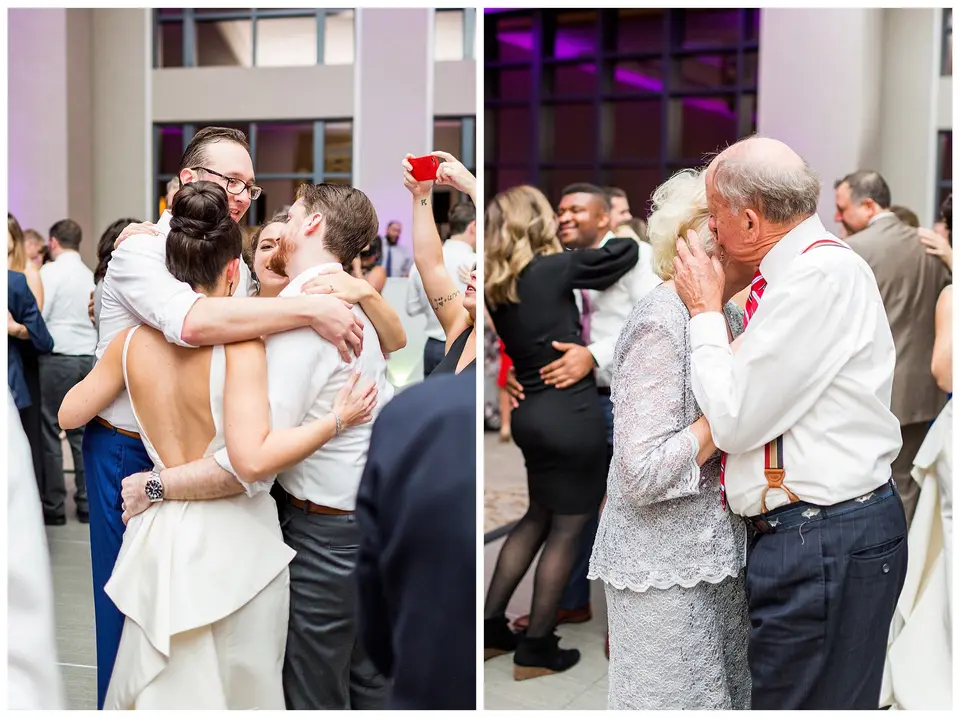 Two side-by-side photos of guests hugging and an older couple dancing close under purple uplighting