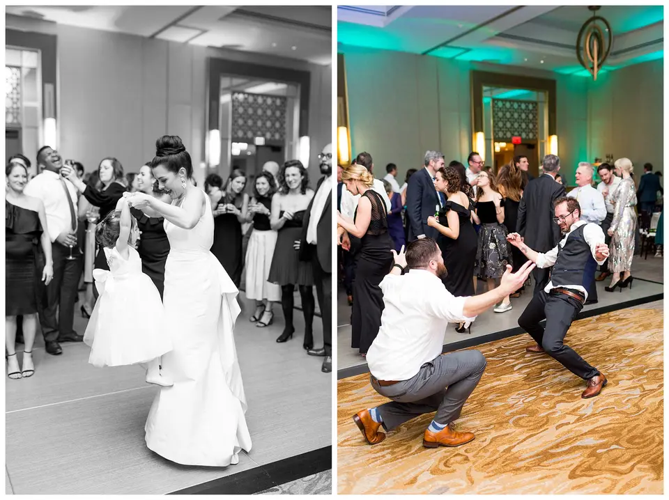 Side-by-side photos of the bride dancing with a flower girl and a guest dropping low on a teal-lit dance floor