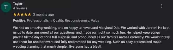 Five-star Google review from Taylor praising Maryland DJs and Jordan for keeping songs a surprise