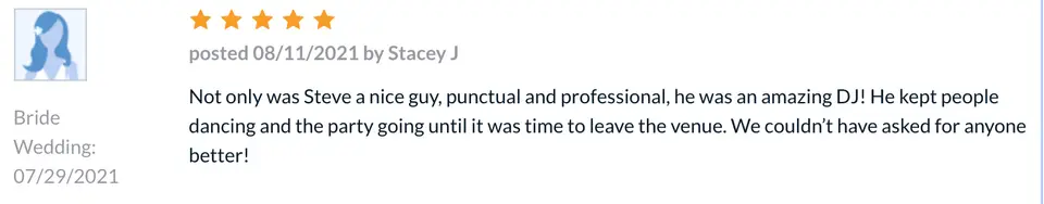 Five-star client review from Stacey J saying Steve was an DJ who kept people dancing