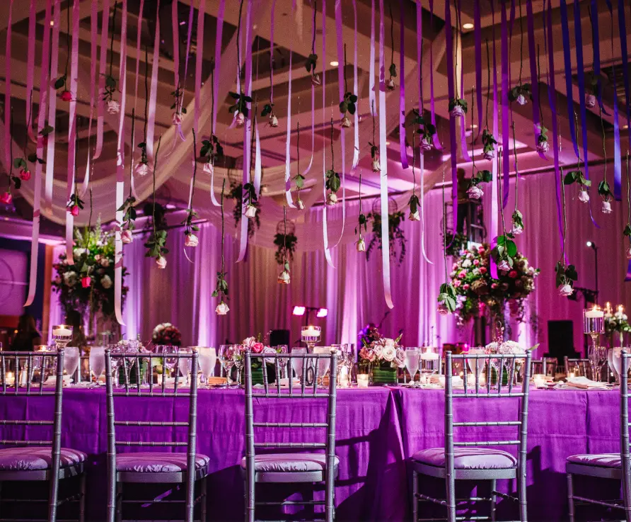 Decorations hanging from the ceiling at a venue